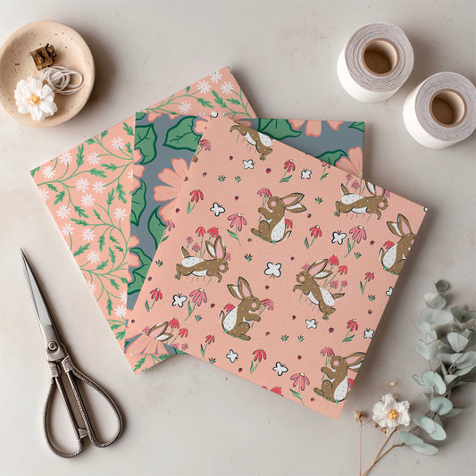 Spring Bunny Pattern Collection Peach | Bunnies, Flowers & Carrots | Seamless Digital Paper PNG for Sublimation & POD