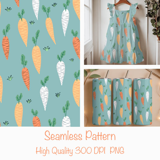 Seamless Carrot Pattern Blue | Cute Spring Carrots | Whimsical Digital Paper PNG for Sublimation & POD