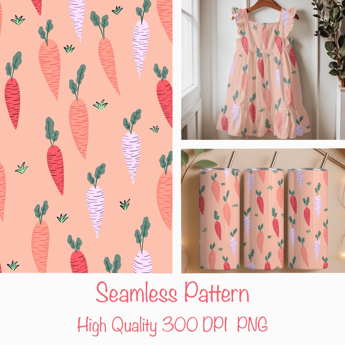 Seamless Carrot Pattern Pink | Cute Spring Carrots | Whimsical Digital Paper PNG for Sublimation & POD