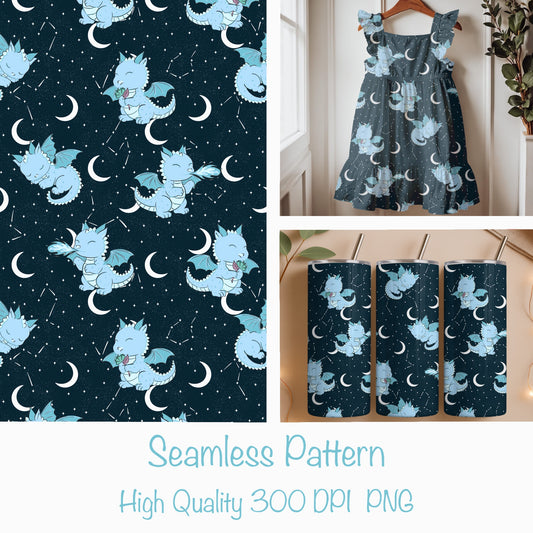 Seamless Dragon Celestial Pattern Blue | Dragons, Moons & Stars | Fantasy Digital Paper PNG for Sublimation & POD