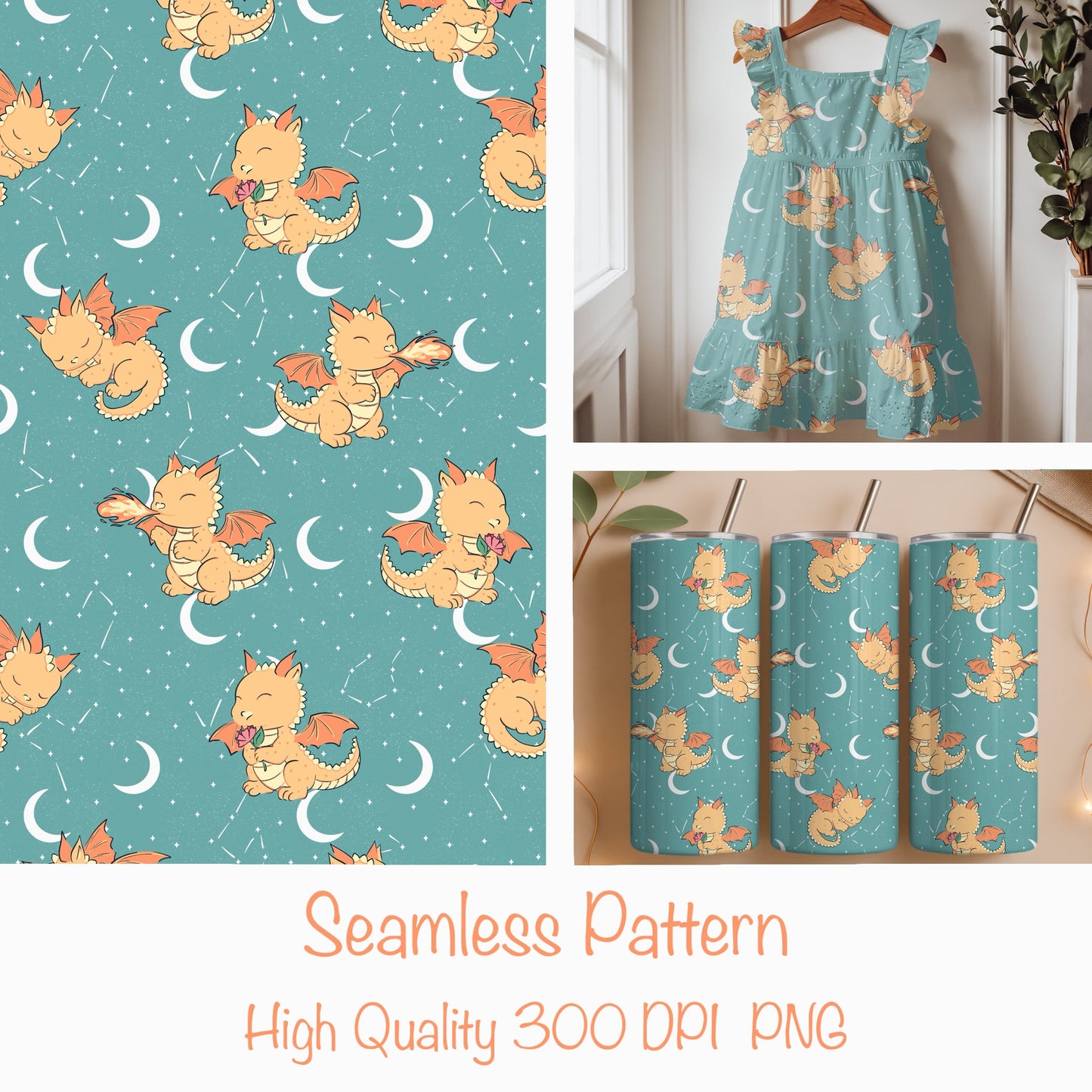 Seamless Dragon Celestial Pattern Green | Dragons, Moons & Stars | Fantasy Digital Paper PNG for Sublimation & POD