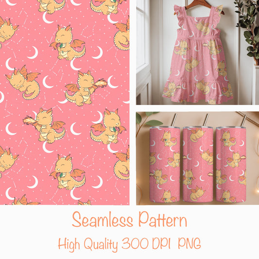 Seamless Dragon Celestial Pattern Pink | Dragons, Moons & Stars | Fantasy Digital Paper PNG for Sublimation & POD