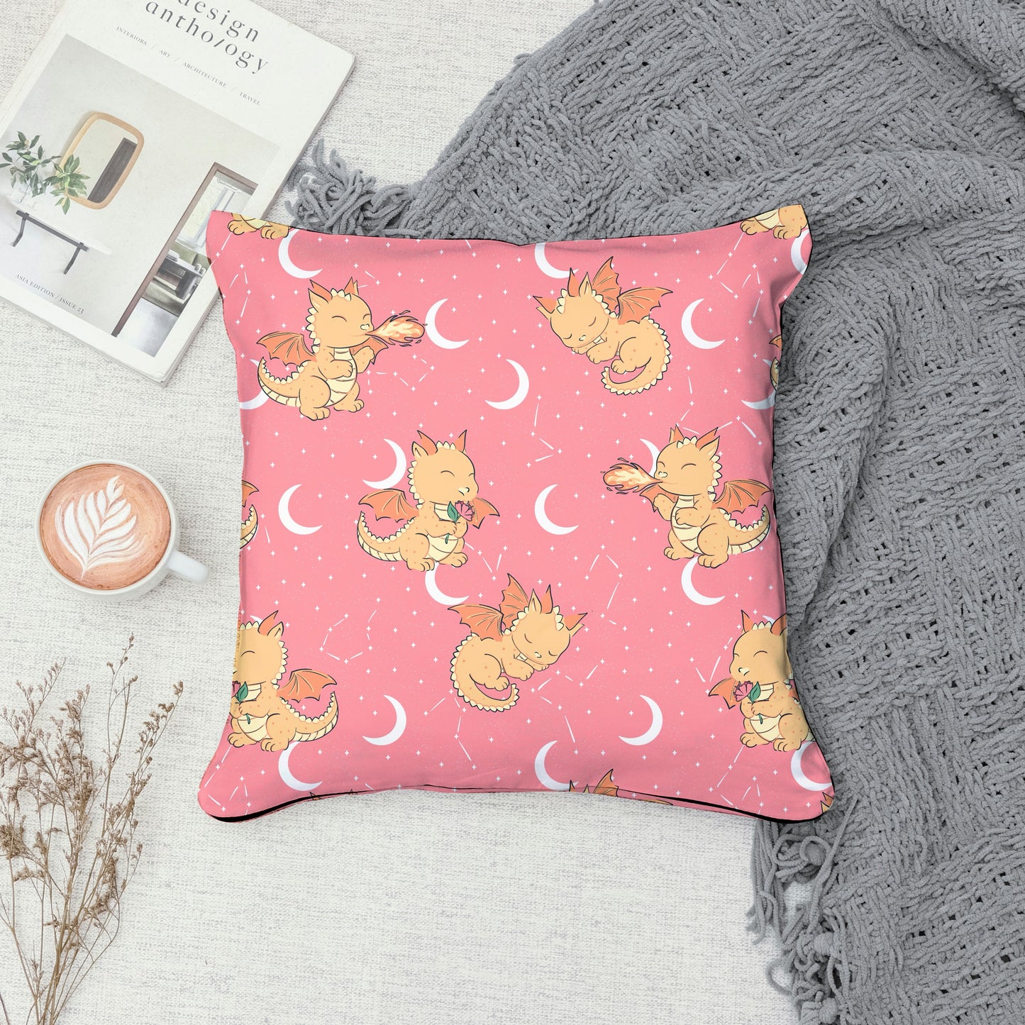 Seamless Dragon Celestial Pattern Pink | Dragons, Moons & Stars | Fantasy Digital Paper PNG for Sublimation & POD