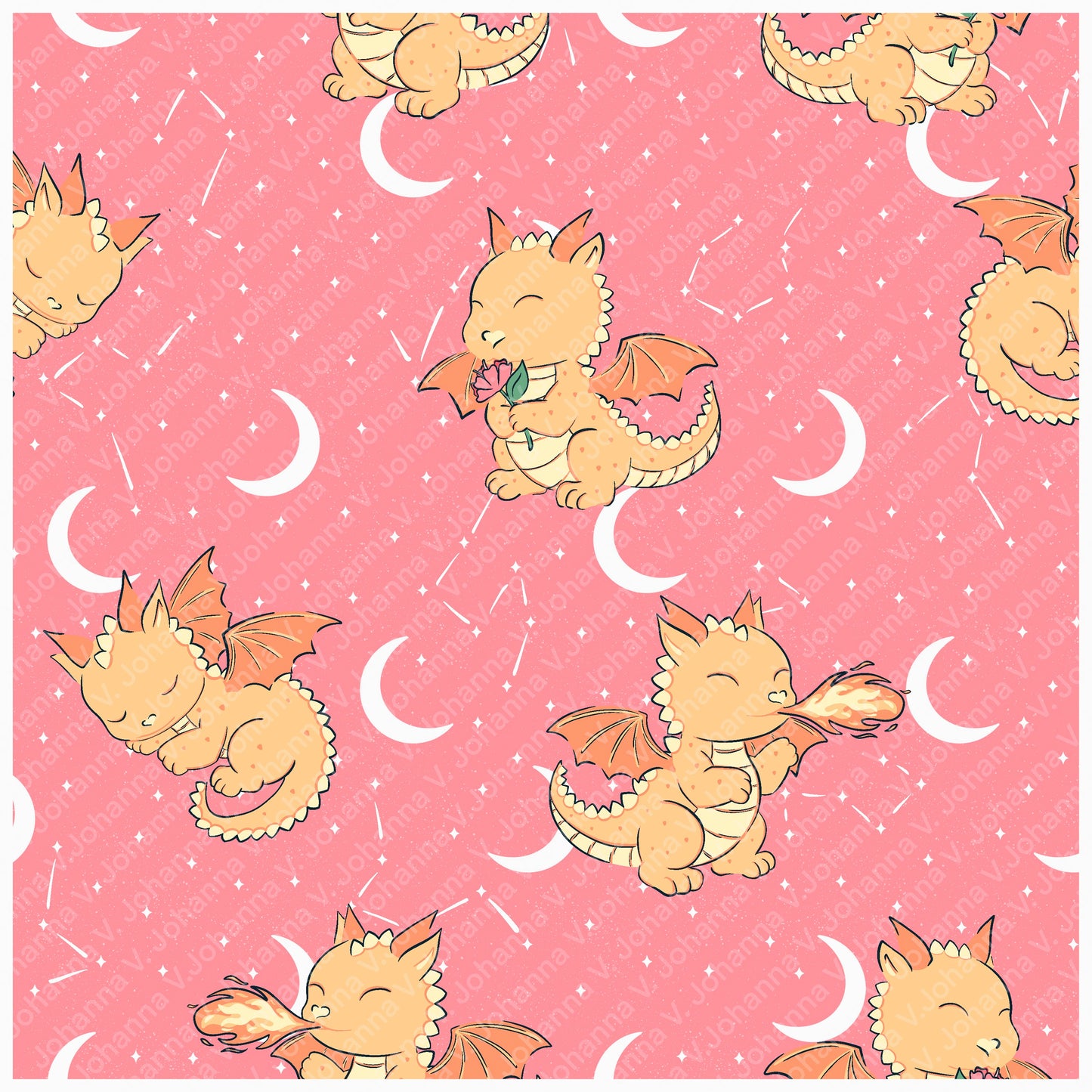 Seamless Dragon Celestial Pattern Pink | Dragons, Moons & Stars | Fantasy Digital Paper PNG for Sublimation & POD