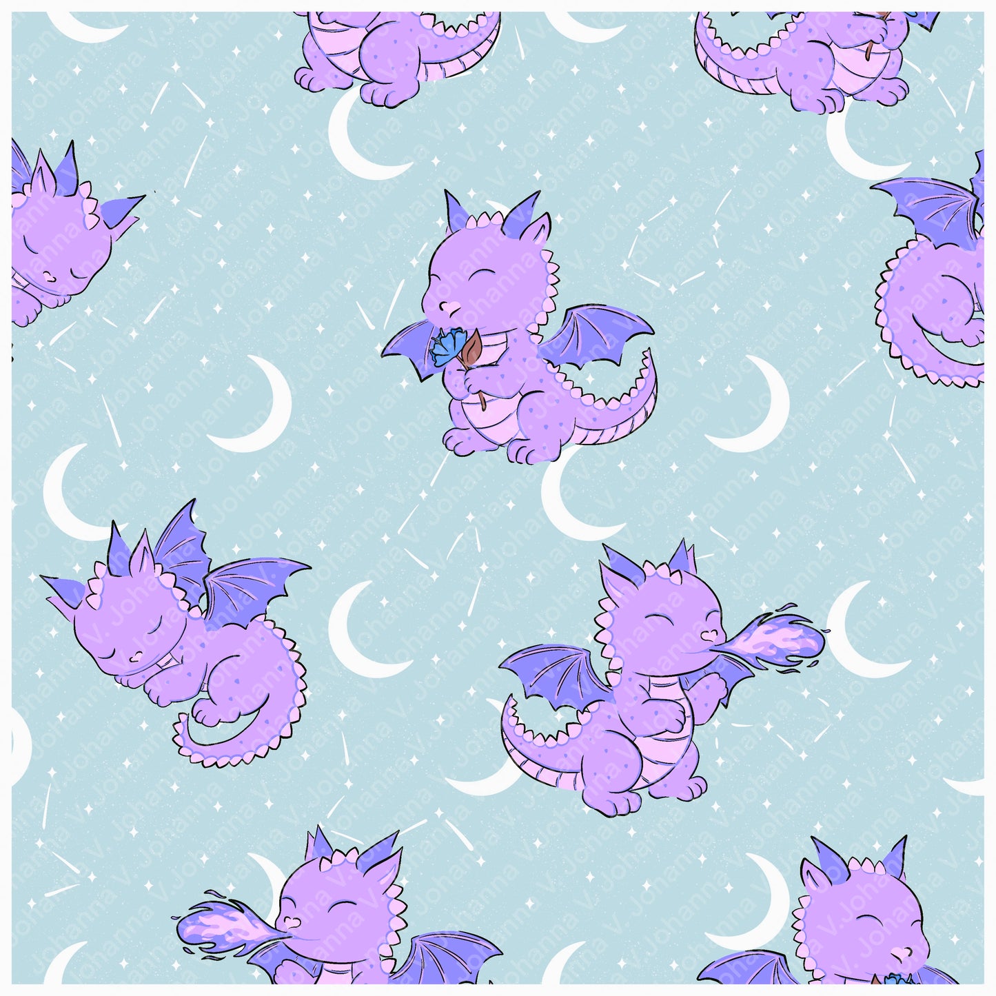 Seamless Dragon Celestial Pattern Purple | Dragons, Moons & Stars | Fantasy Digital Paper PNG for Sublimation & POD