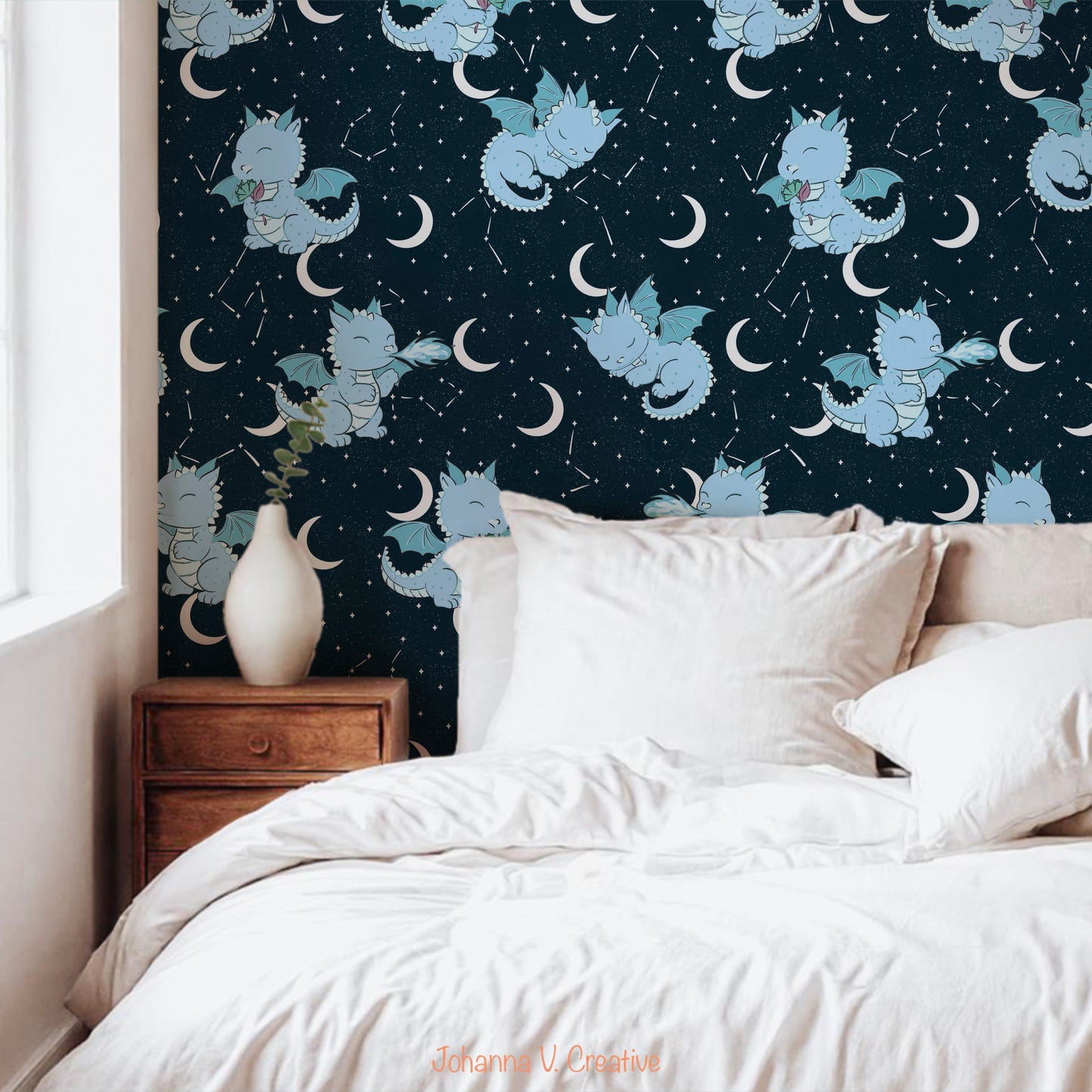 Seamless Dragon Celestial Pattern Blue | Dragons, Moons & Stars | Fantasy Digital Paper PNG for Sublimation & POD