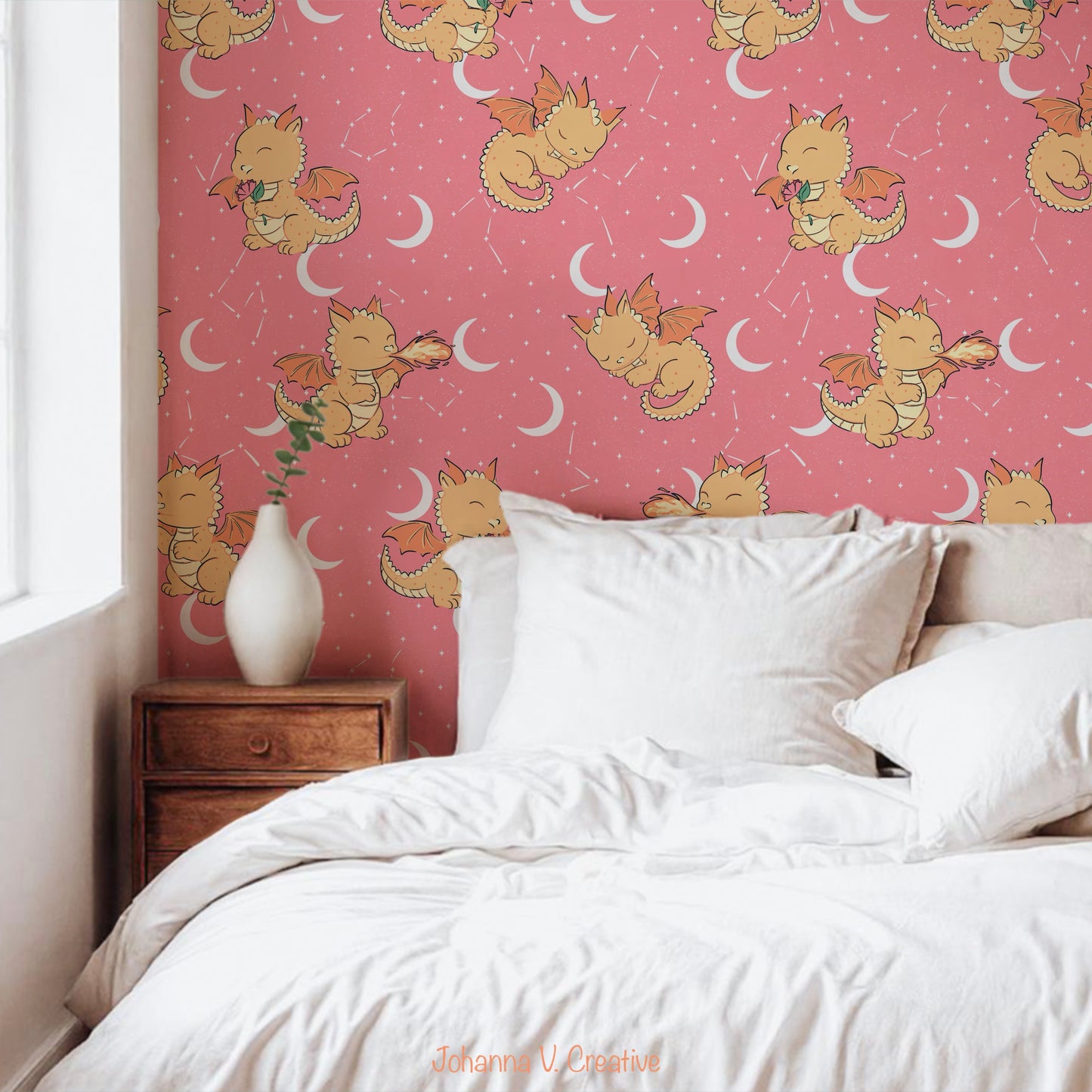 Seamless Dragon Celestial Pattern Pink | Dragons, Moons & Stars | Fantasy Digital Paper PNG for Sublimation & POD