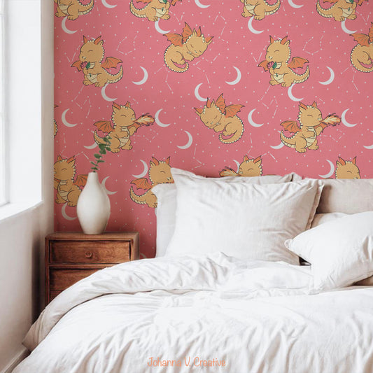 Seamless Dragon Celestial Pattern Pink | Dragons, Moons & Stars | Fantasy Digital Paper PNG for Sublimation & POD