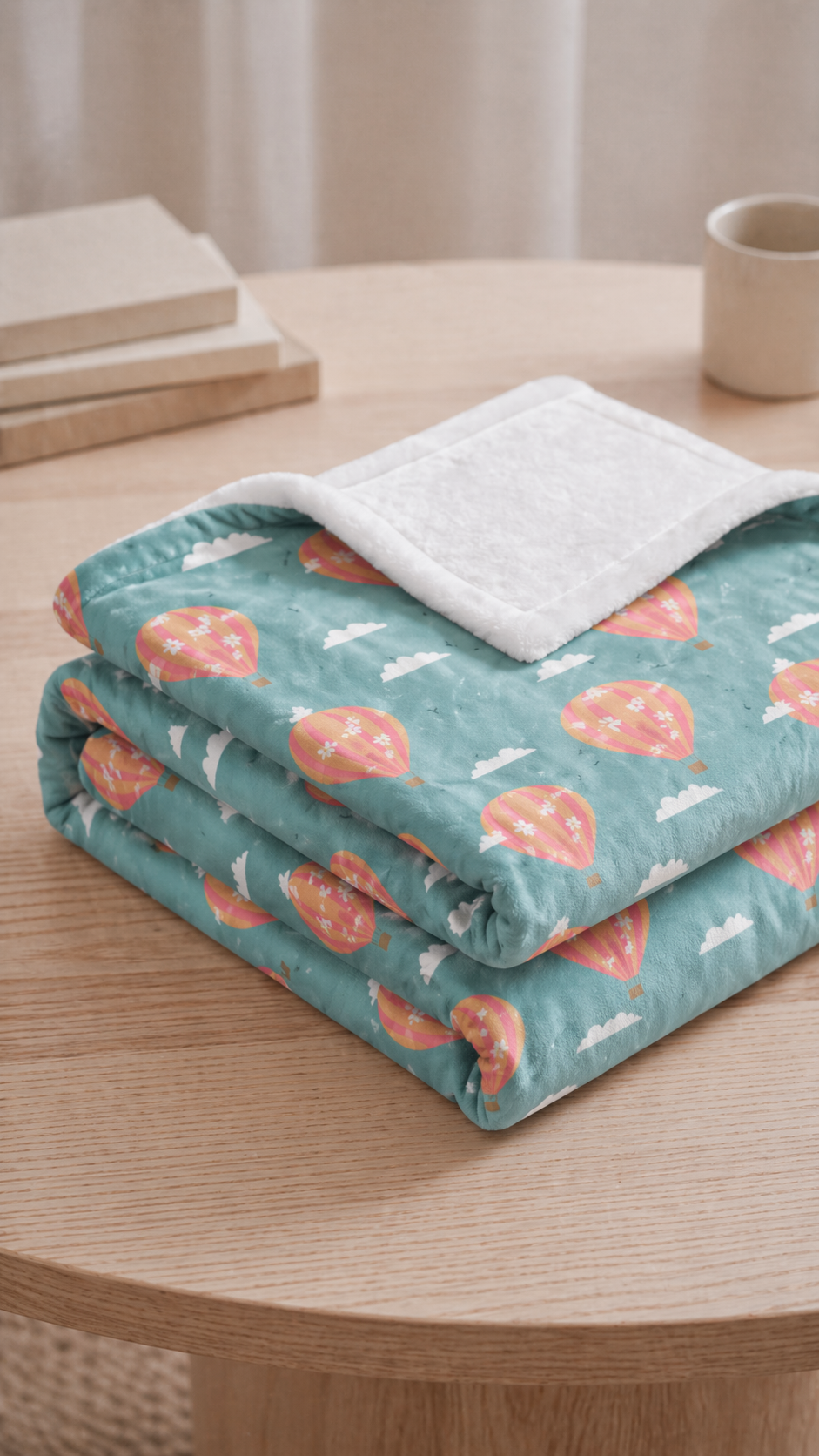 Blooming Skies Blanket – Teal Hot Air Balloon Throw | Coastal Dream Aesthetic Blanket | Whimsical Floral Sky Cozy Blanket Gift