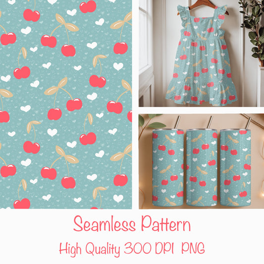 Seamless Cherry Heart Pattern Blue | Cherries & Hand Drawn Hearts | Valentine Digital Paper PNG for POD