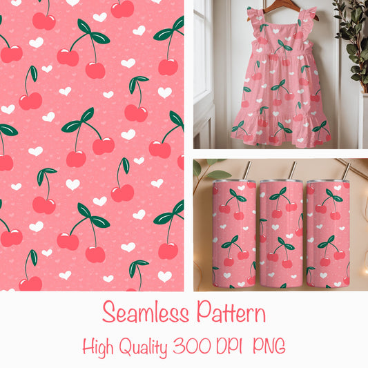 Seamless Cherry Heart Pattern Pink | Cherries & Hand Drawn Hearts | Valentine Digital Paper PNG for POD