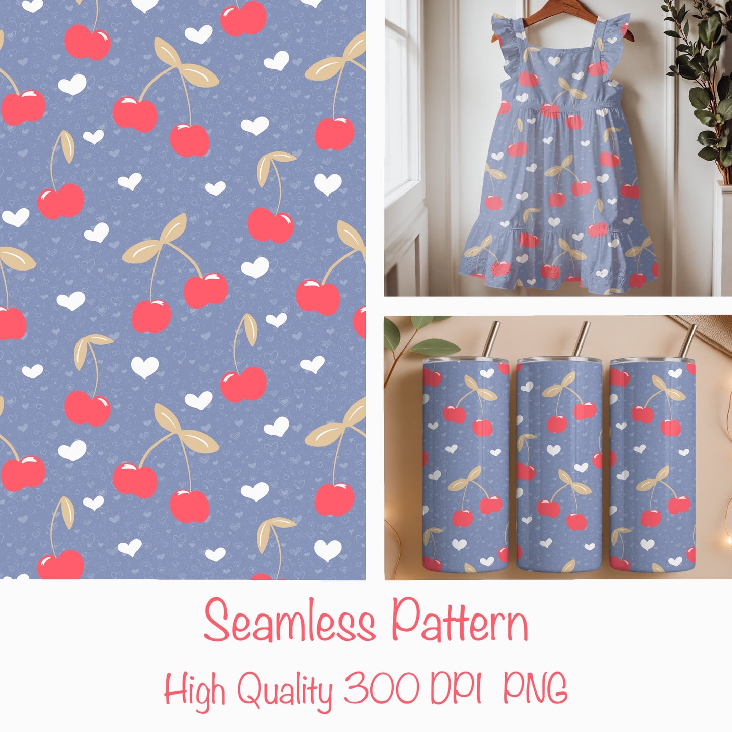 Seamless Cherry Heart Pattern Purple | Cherries & Hand Drawn Hearts | Valentine Digital Paper PNG for POD