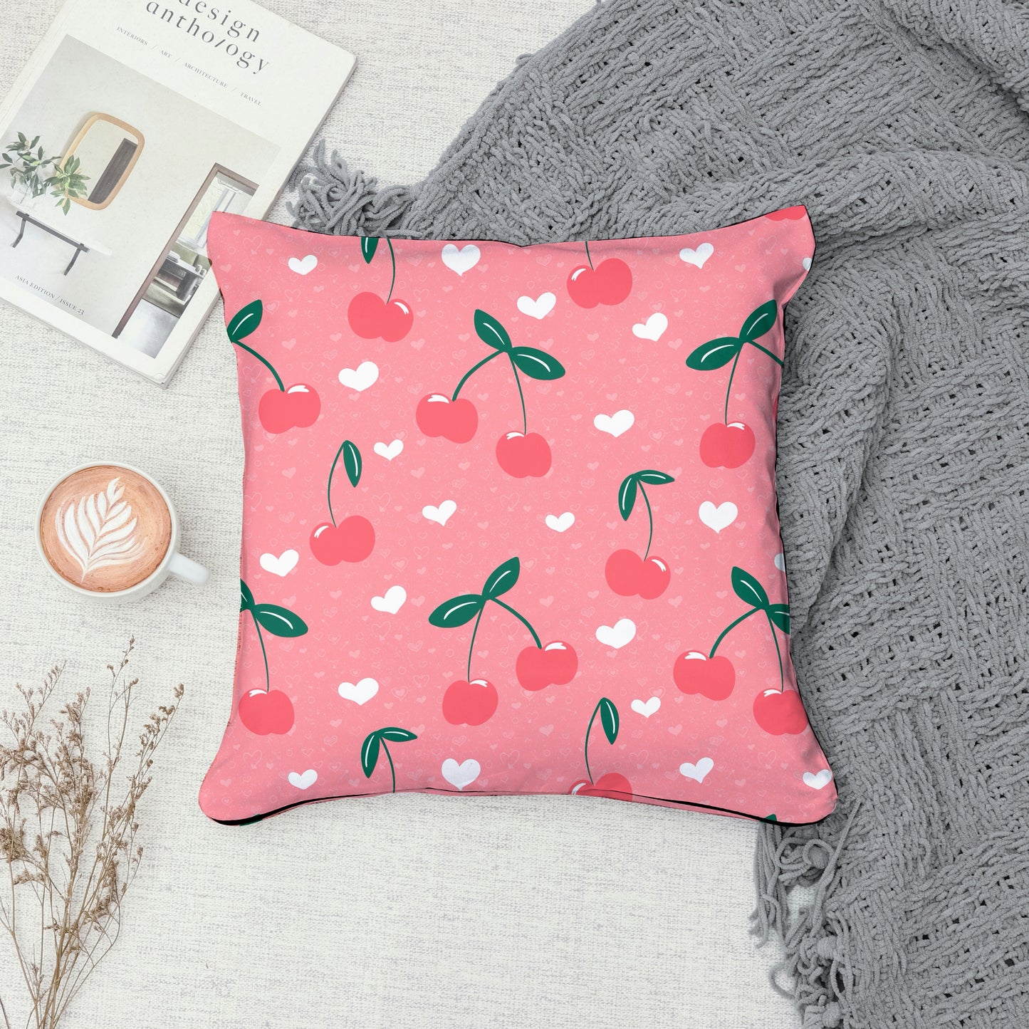 Seamless Cherry Heart Pattern Pink | Cherries & Hand Drawn Hearts | Valentine Digital Paper PNG for POD