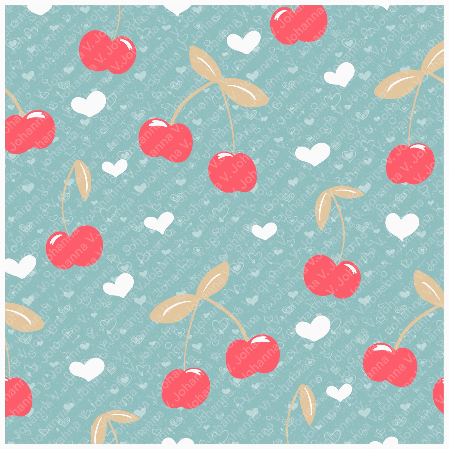 Seamless Cherry Heart Pattern Blue | Cherries & Hand Drawn Hearts | Valentine Digital Paper PNG for POD