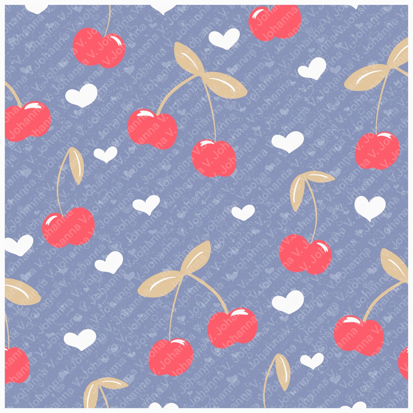Seamless Cherry Heart Pattern Purple | Cherries & Hand Drawn Hearts | Valentine Digital Paper PNG for POD