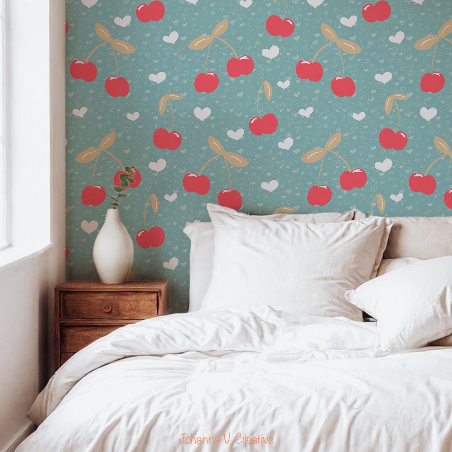 Seamless Cherry Heart Pattern Blue | Cherries & Hand Drawn Hearts | Valentine Digital Paper PNG for POD