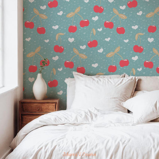 Seamless Cherry Heart Pattern Blue | Cherries & Hand Drawn Hearts | Valentine Digital Paper PNG for POD