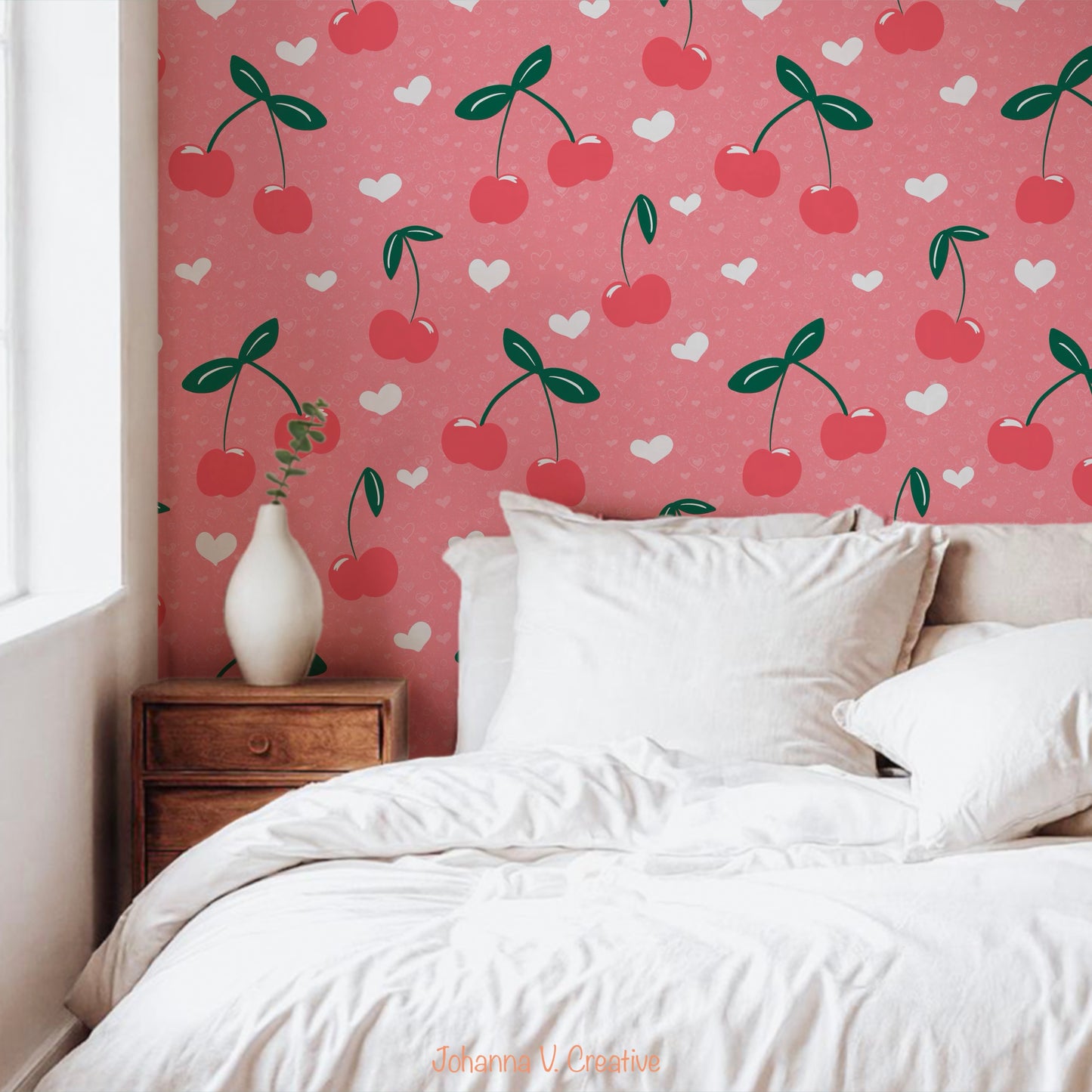 Seamless Cherry Heart Pattern Pink | Cherries & Hand Drawn Hearts | Valentine Digital Paper PNG for POD