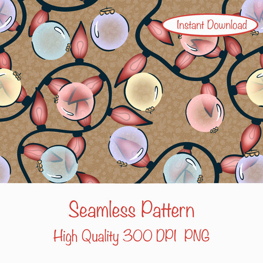 Christmas Ornaments & Lights Seamless Pattern Brown | Holiday Digital Design | 12x12” PNG