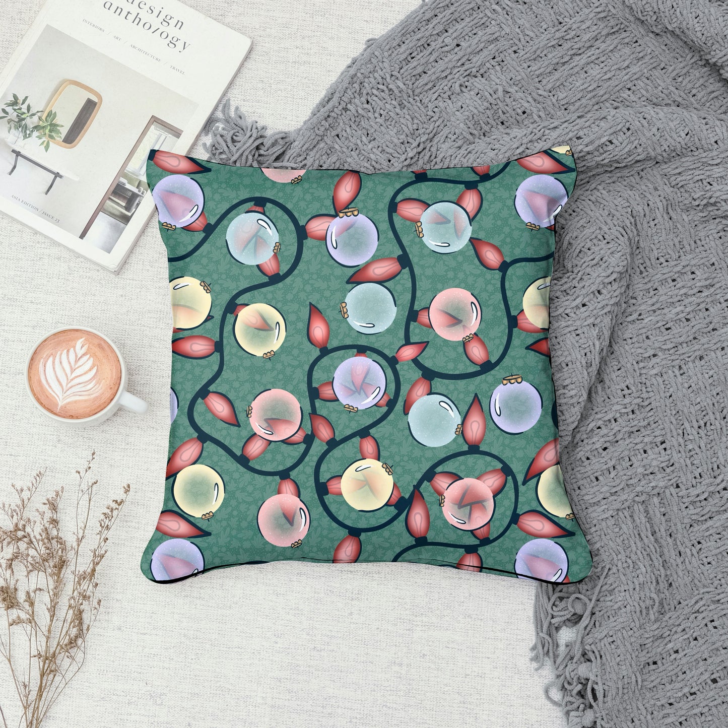 Christmas Ornaments & Lights Seamless Pattern Green | Holiday Digital Design | 12x12” PNG