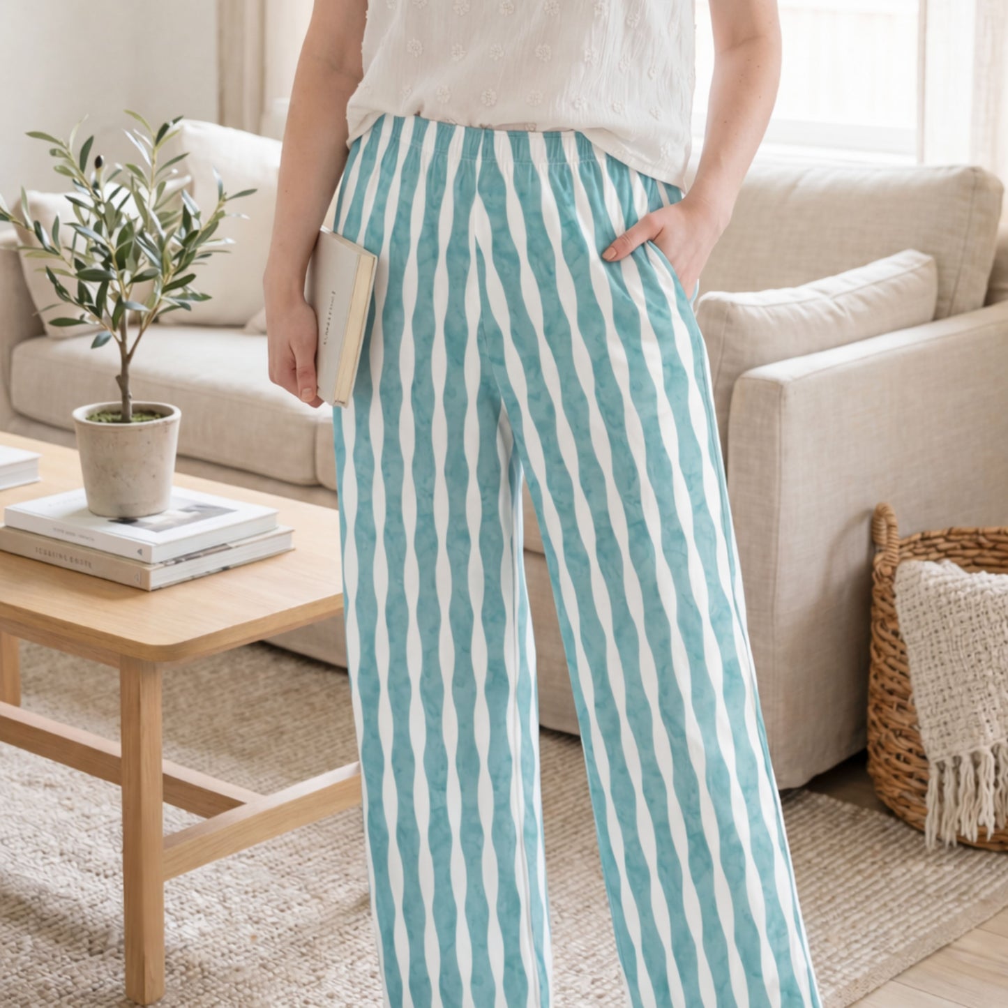 Coastal Drift Pants – Teal Wavy Pattern Lounge Pants | Aesthetic Flowing Line Pants | Cozy Artistic Loungewear
