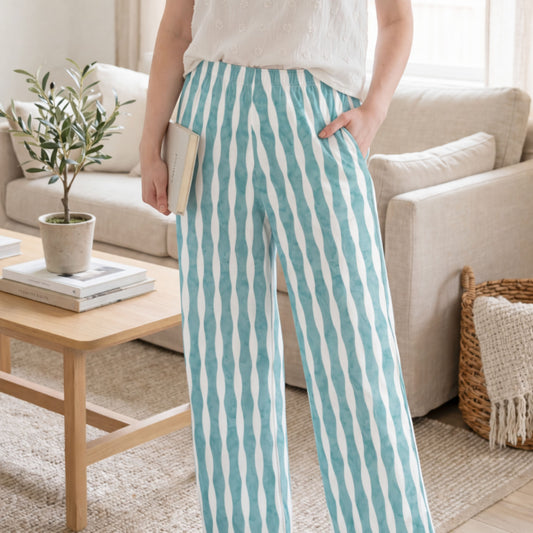Coastal Drift Pants – Teal Wavy Pattern Lounge Pants | Aesthetic Flowing Line Pants | Cozy Artistic Loungewear