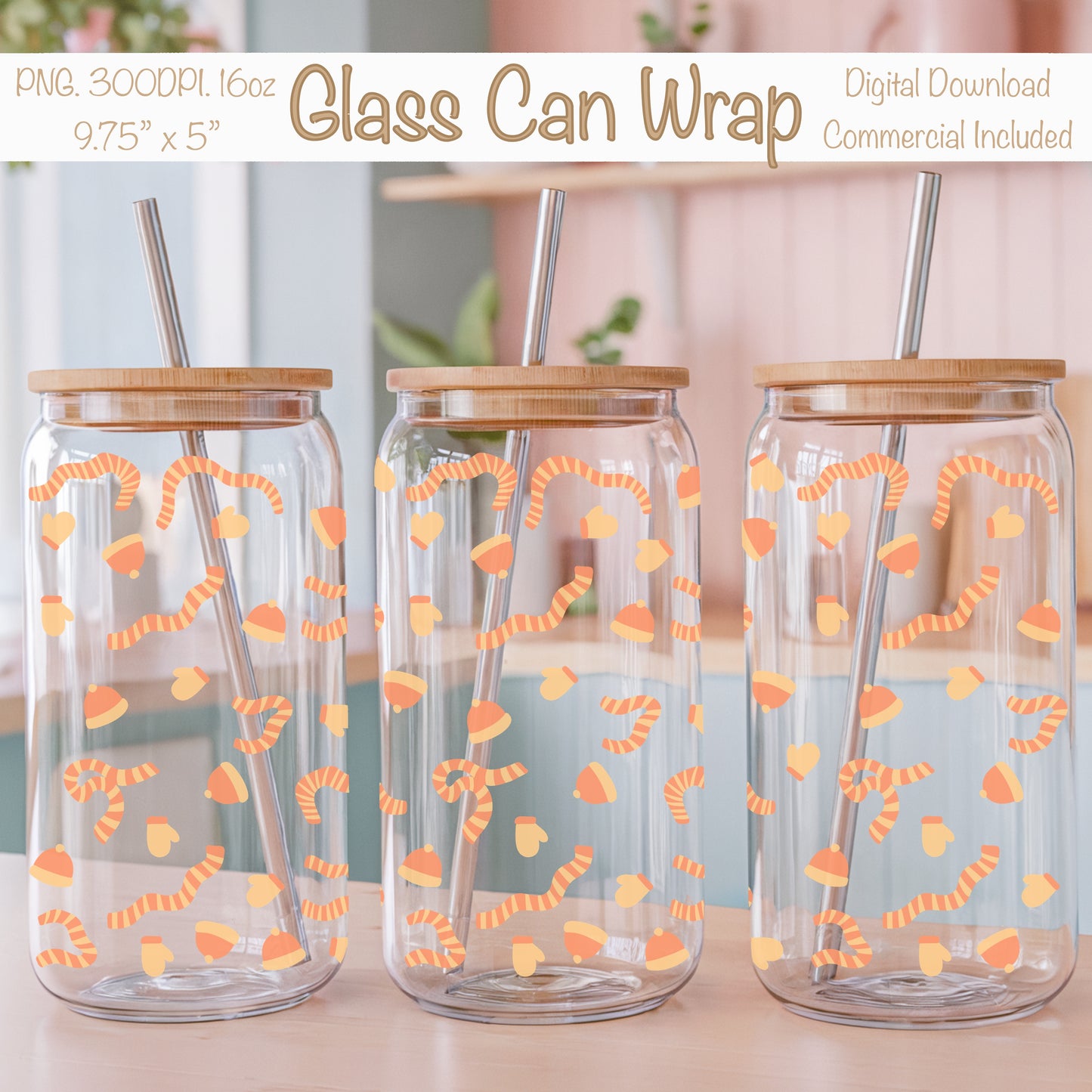 Winter Apparel Glass Can Wrap PNG Orange | Mittens Gloves Scarves Cup Design | Cozy Winter Sublimation Wrap 12.75x6.5