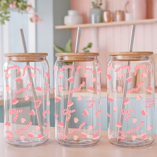 Winter Apparel Glass Can Wrap PNG Pink | Mittens Gloves Scarves Cup Design | Cozy Winter Sublimation Wrap 12.75x6.5