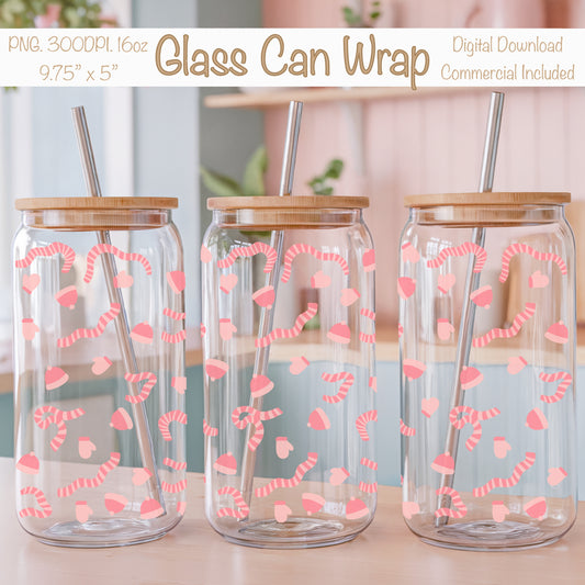 Winter Apparel Glass Can Wrap PNG Pink | Mittens Gloves Scarves Cup Design | Cozy Winter Sublimation Wrap 12.75x6.5