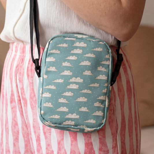 Whispering Clouds Crossbody Bag – Teal Cloud Aesthetic Bag | Coastal Sky Print Purse | Whimsical Everyday Shoulder Bag