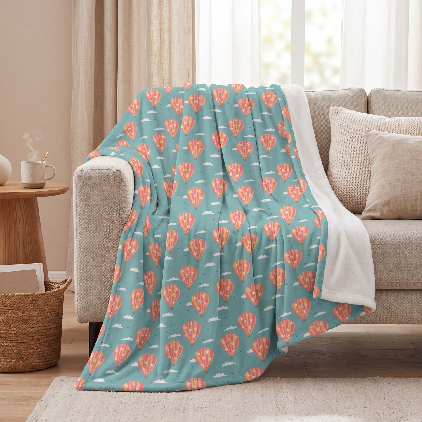 Blooming Skies Blanket – Teal Hot Air Balloon Throw | Coastal Dream Aesthetic Blanket | Whimsical Floral Sky Cozy Blanket Gift