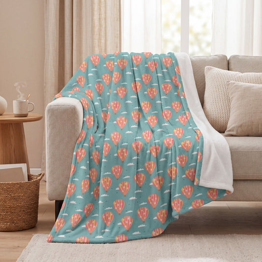 Blooming Skies Blanket – Teal Hot Air Balloon Throw | Coastal Dream Aesthetic Blanket | Whimsical Floral Sky Cozy Blanket Gift