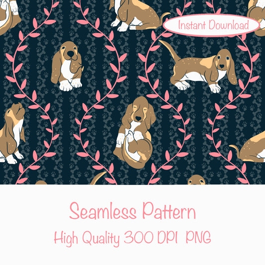 Basset Hound & Botanical Vines Seamless Pattern Black | Cute Dog Pattern | 12x12” PNG Digital Download