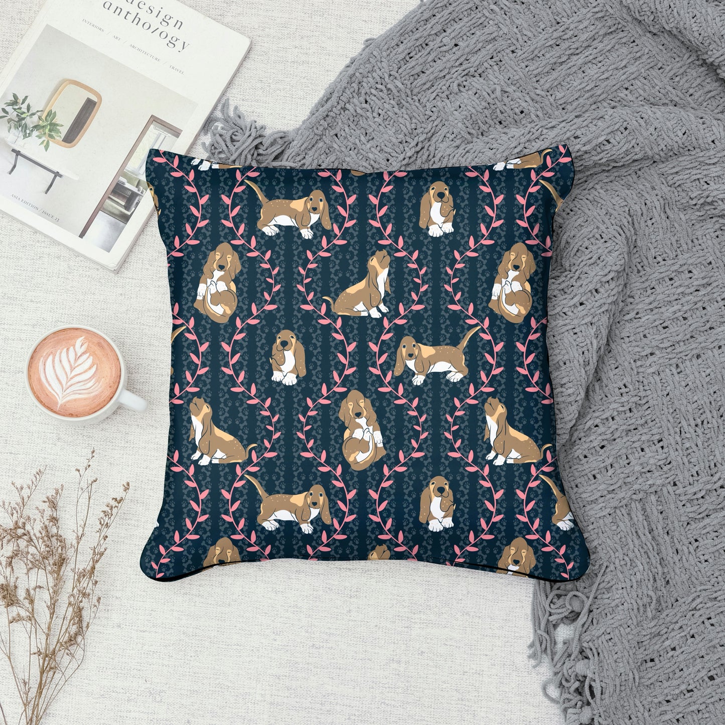 Basset Hound & Botanical Vines Seamless Pattern Black | Cute Dog Pattern | 12x12” PNG Digital Download