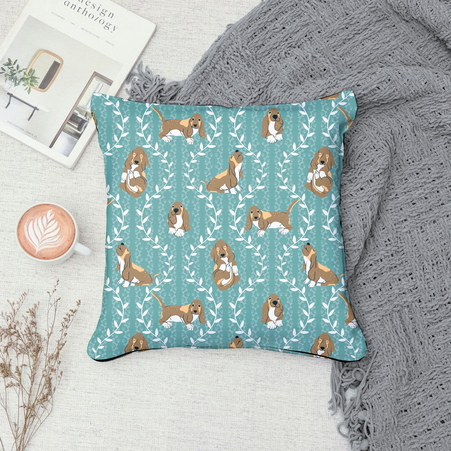 Basset Hound & Botanical Vines Seamless Pattern Blue Green | Cute Dog Pattern | 12x12” PNG Digital Download