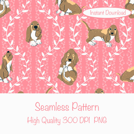 Basset Hound & Botanical Vines Seamless Pattern Pink | Cute Dog Pattern | 12x12” PNG Digital Download