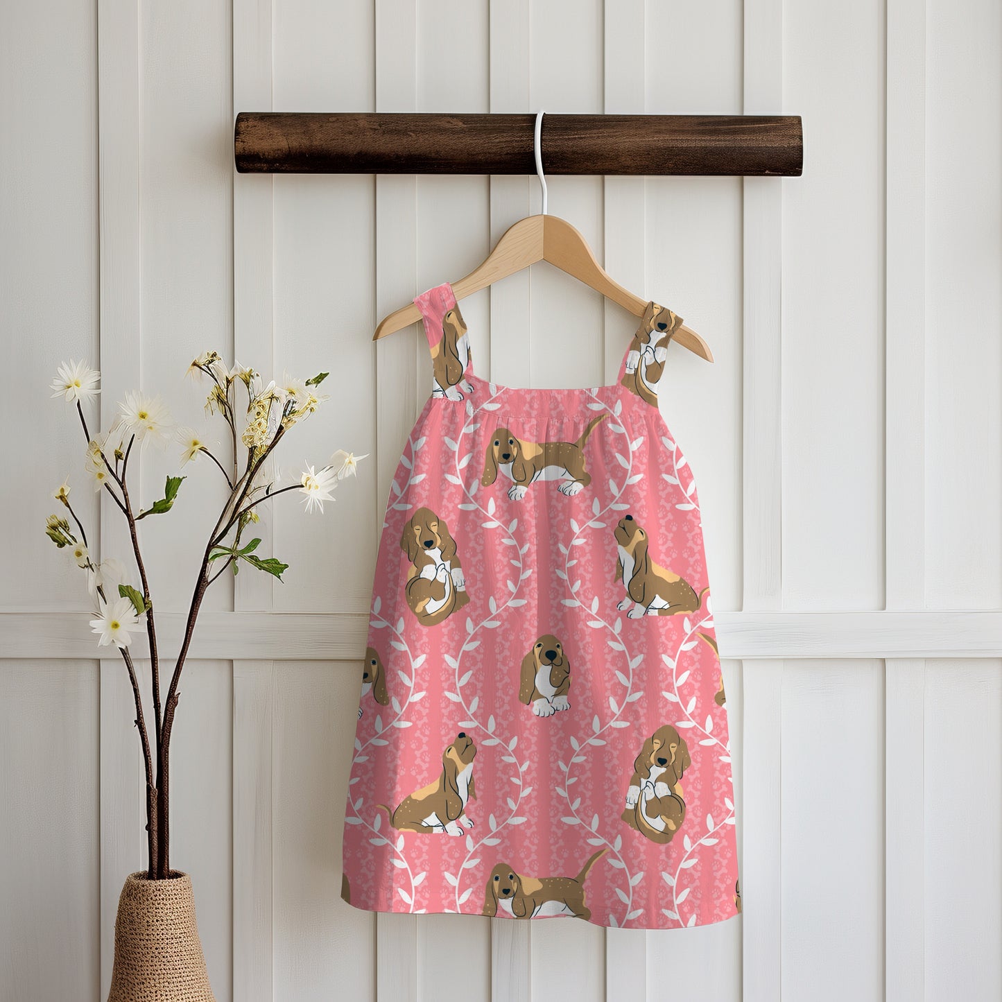 Basset Hound & Botanical Vines Seamless Pattern Pink | Cute Dog Pattern | 12x12” PNG Digital Download