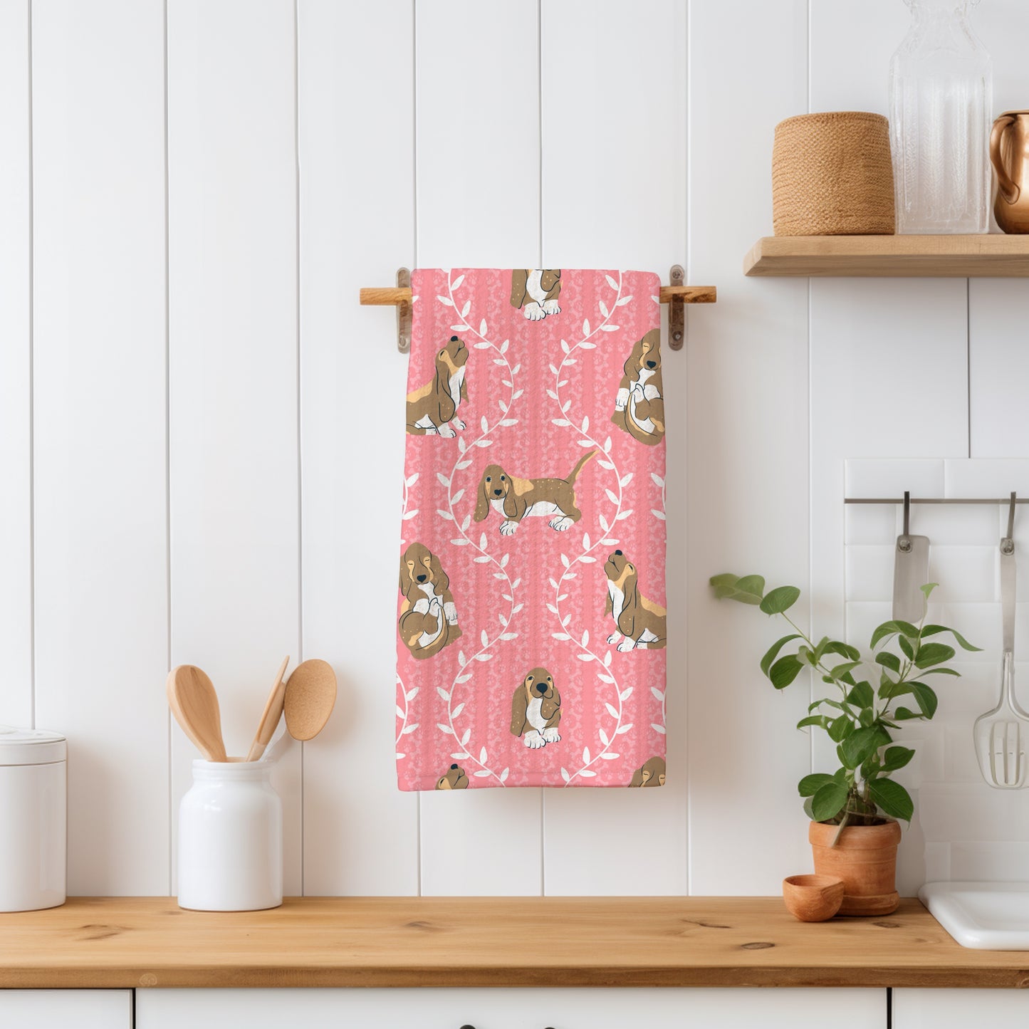 Basset Hound & Botanical Vines Seamless Pattern Pink | Cute Dog Pattern | 12x12” PNG Digital Download