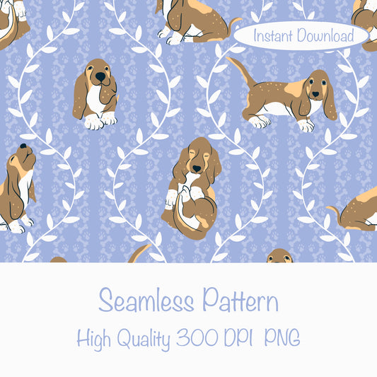 Basset Hound & Botanical Vines Seamless Pattern Purple | Cute Dog Pattern | 12x12” PNG Digital Download