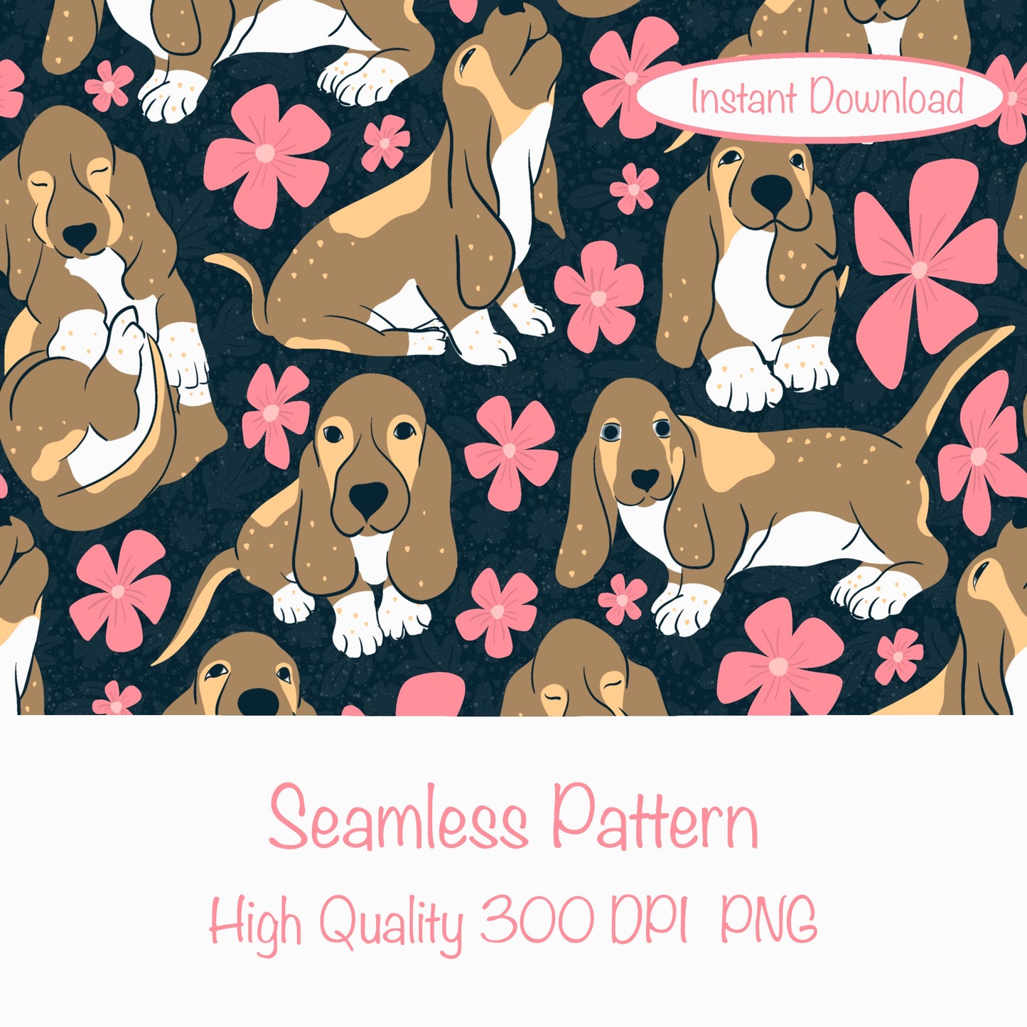 Basset Hound Floral Seamless Pattern Black | Cute Dog Pattern | 12x12” PNG Digital Download