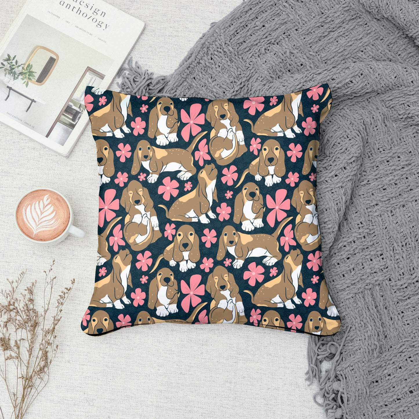 Basset Hound Floral Seamless Pattern Black | Cute Dog Pattern | 12x12” PNG Digital Download