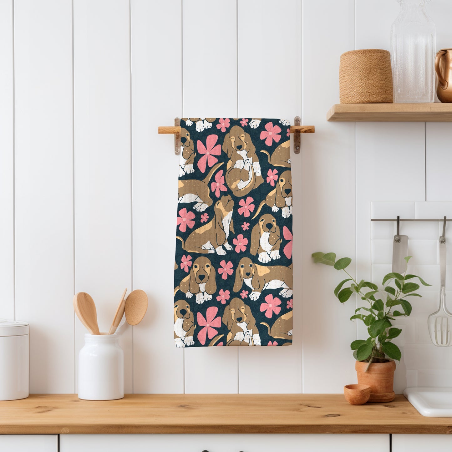 Basset Hound Floral Seamless Pattern Black | Cute Dog Pattern | 12x12” PNG Digital Download