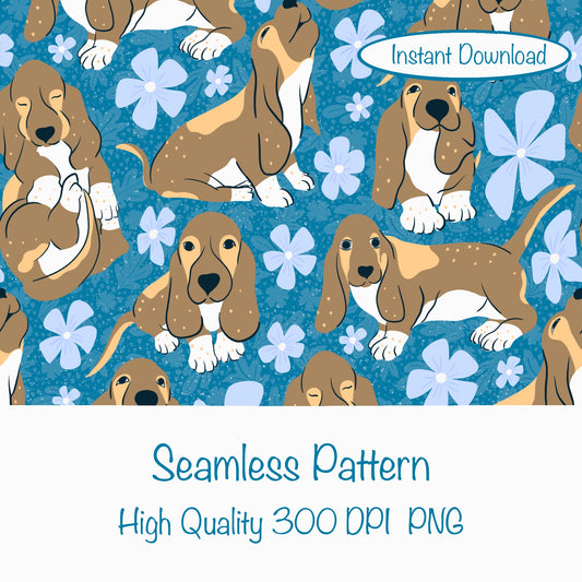 Basset Hound Floral Seamless Pattern Blue | Cute Dog Pattern | 12x12” PNG Digital Download