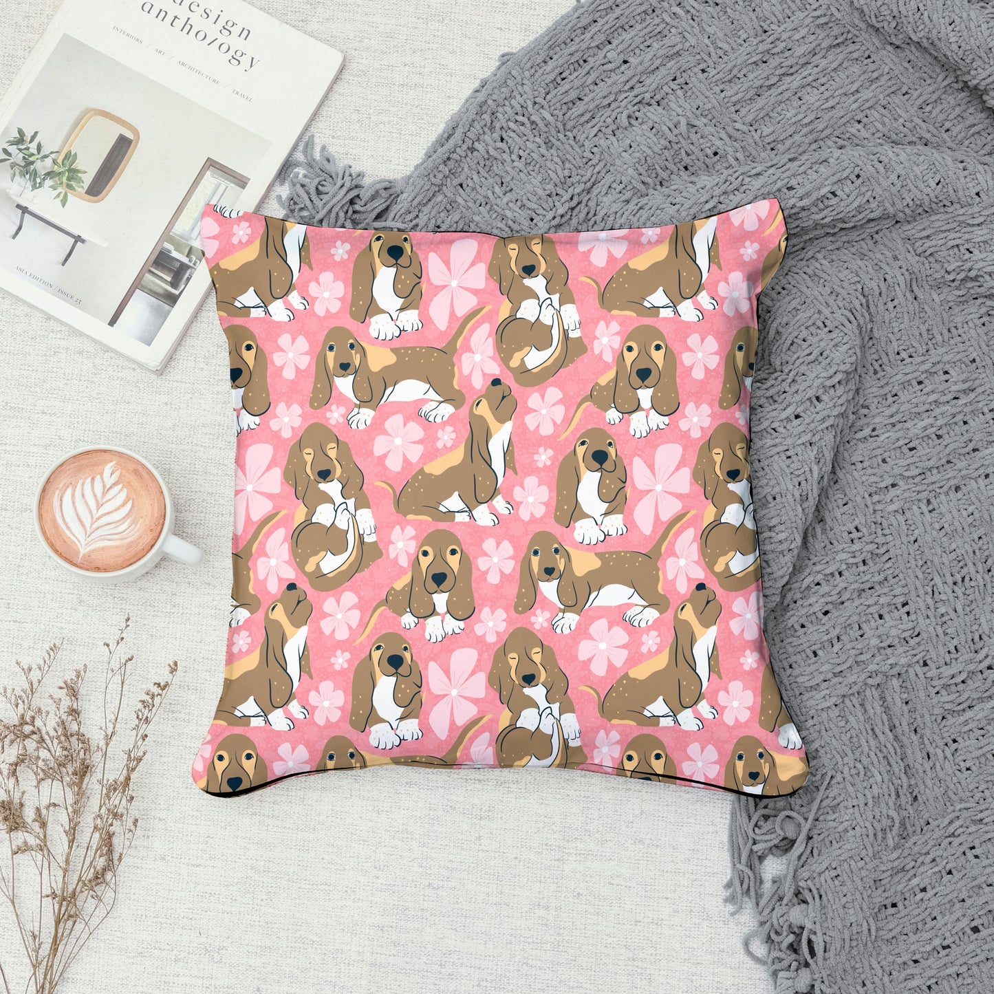 Basset Hound Floral Seamless Pattern Pink | Cute Dog Pattern | 12x12” PNG Digital Download