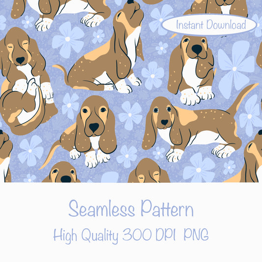 Basset Hound Floral Seamless Pattern Purple | Cute Dog Pattern | 12x12” PNG Digital Download