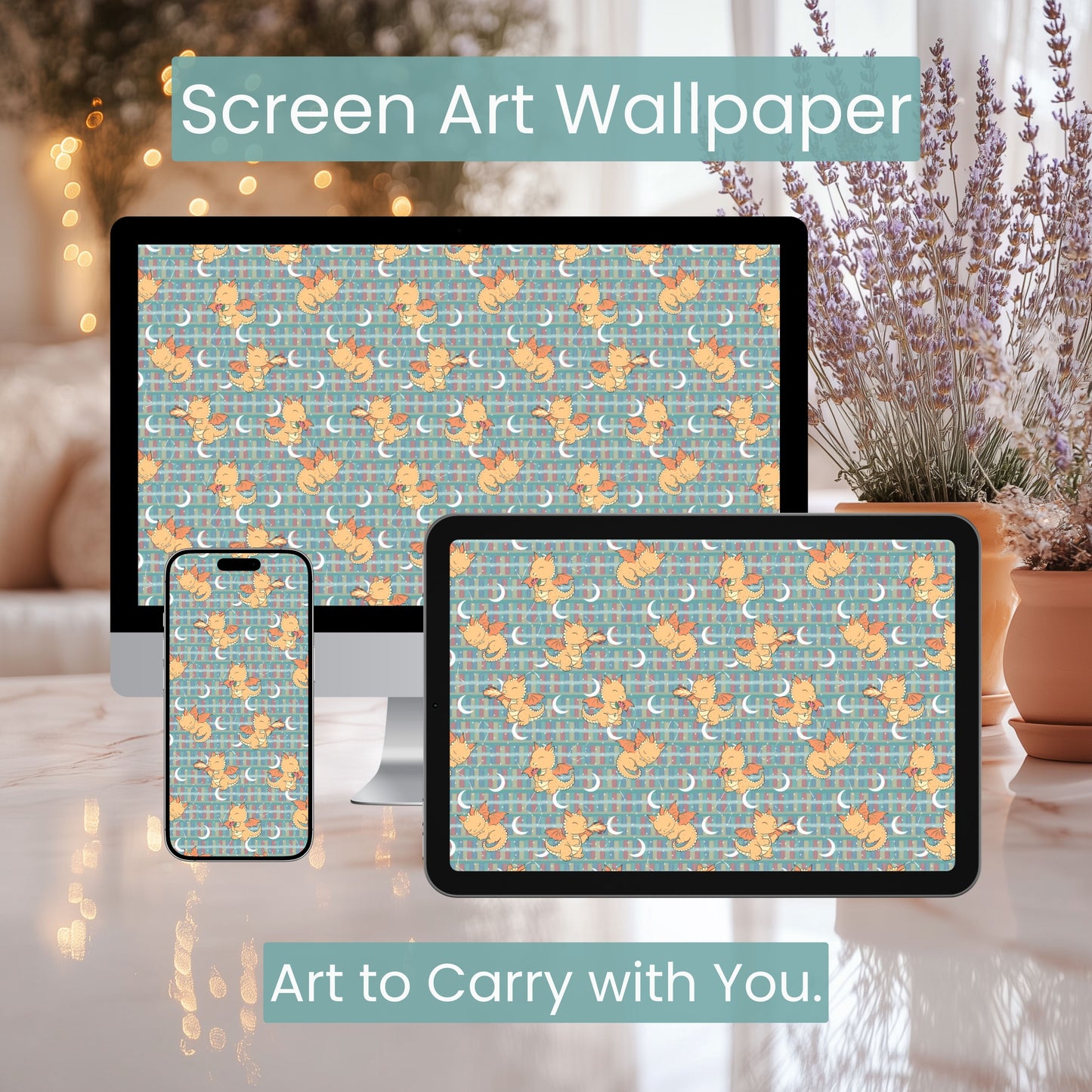 Cute Dragon Bookshelf Wallpaper | Celestial Fantasy Phone, Tablet & 4K Desktop Background | Instant Digital Download