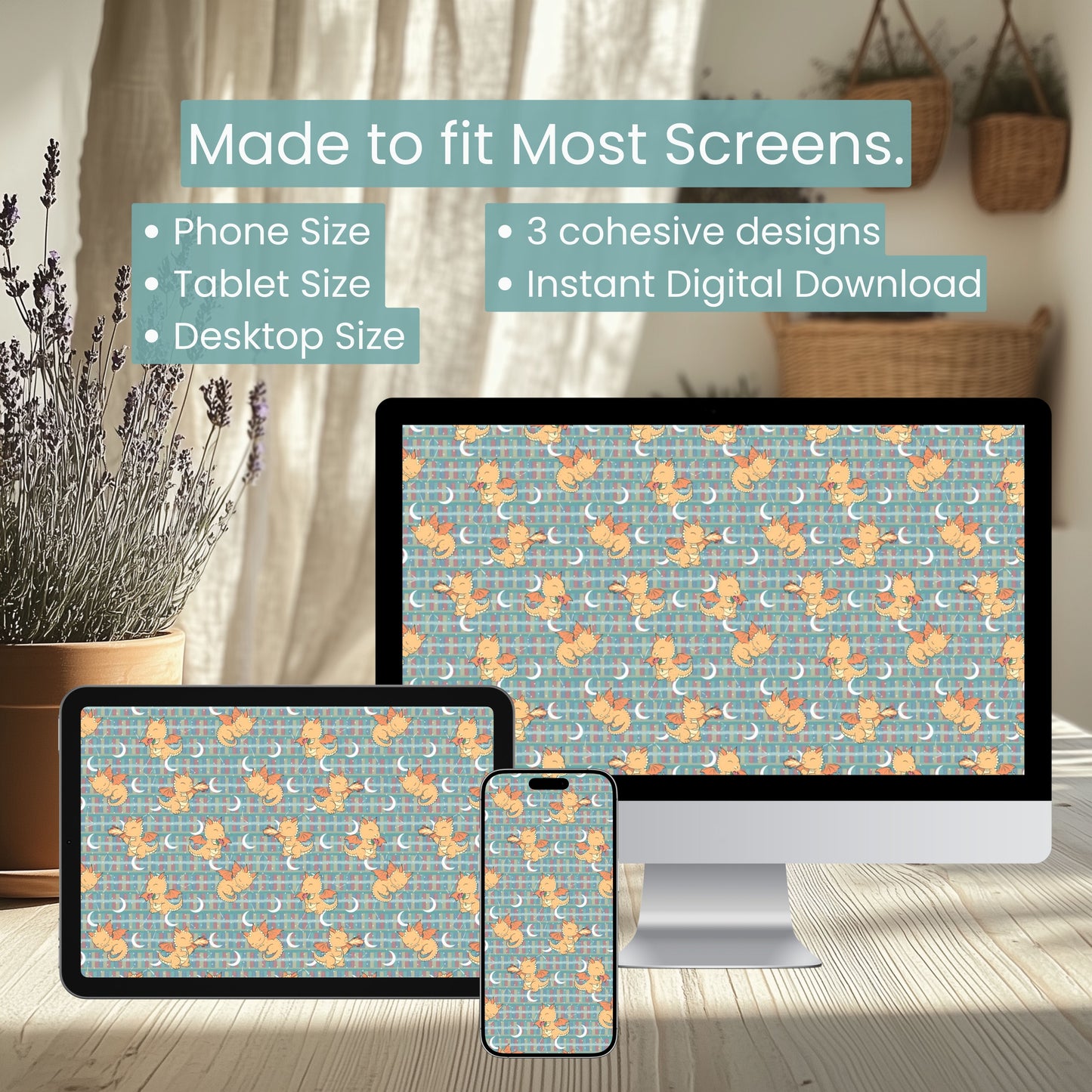 Cute Dragon Bookshelf Wallpaper | Celestial Fantasy Phone, Tablet & 4K Desktop Background | Instant Digital Download