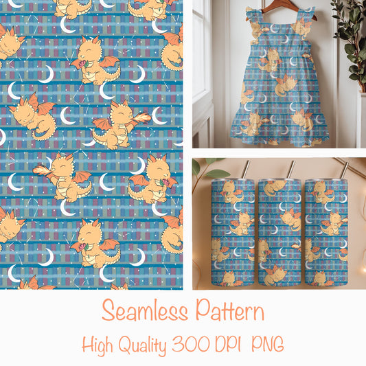 Seamless Dragon Bookshelf Pattern Blue | Dragons, Stars & Moons | Fantasy Bookish Digital Paper PNG for POD