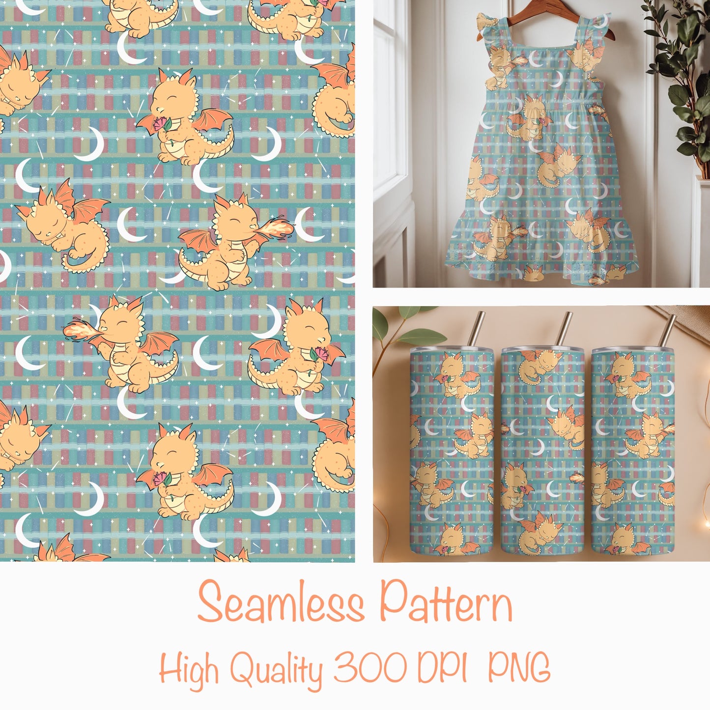 Seamless Dragon Bookshelf Pattern Green | Dragons, Stars & Moons | Fantasy Bookish Digital Paper PNG for POD