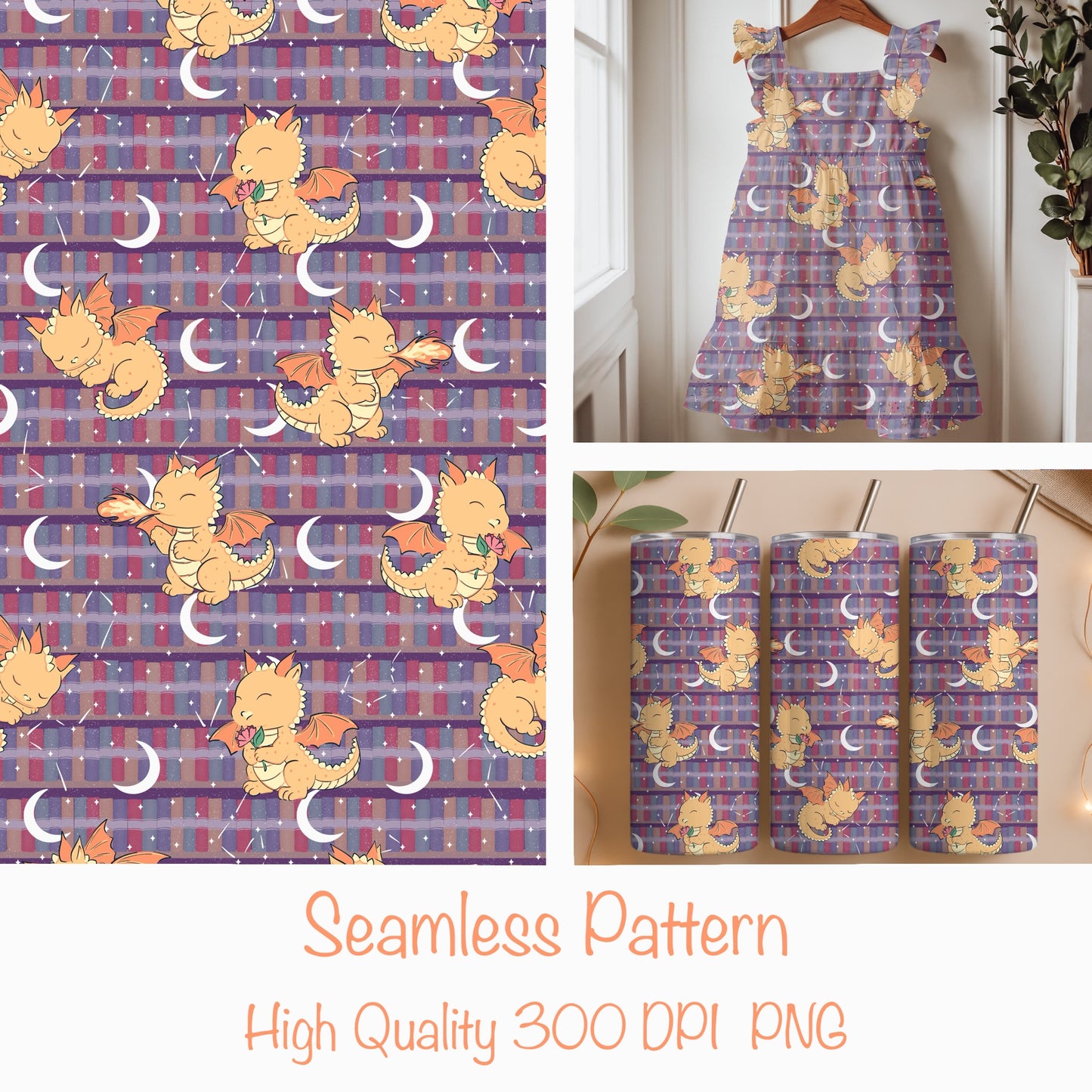 Seamless Dragon Bookshelf Pattern Purple | Dragons, Stars & Moons | Fantasy Bookish Digital Paper PNG for POD